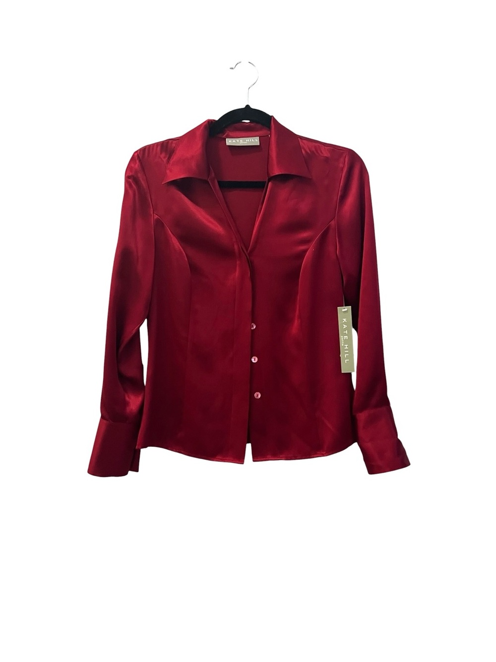 NWT Kate Hill 100% Silk Deep Red Button Front Shirt Size 2P